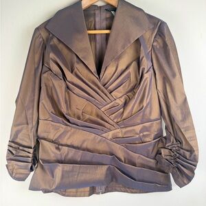 Tadashi Shoji Brown Metallic Y2K Top V-Neck Full Zip Ruched Size 14